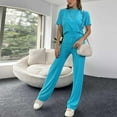 thumbnail image 5 of Inleife Two Piece Sets for Women Summer Fashion Summer Women Casual Short Sleeve Bandage Tops Outing Long Pants Sets Blue Sizes XL, 5 of 6