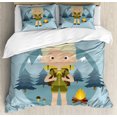thumbnail image 1 of Explore King Size Duvet Cover Set, Cartoon Boy Scout in the Forest with Mountains Trees Mushroom and Campfire Design, Decorative 3 Piece Bedding Set with 2 Pillow Shams, Multicolor, by Ambesonne, 1 of 3