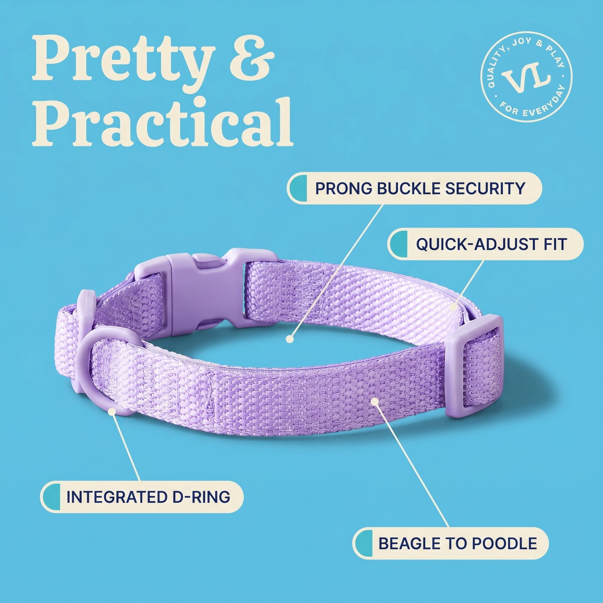 Vibrant Life Adjustable Neoprene Cushioned Dog Collar, Lilac, Medium
