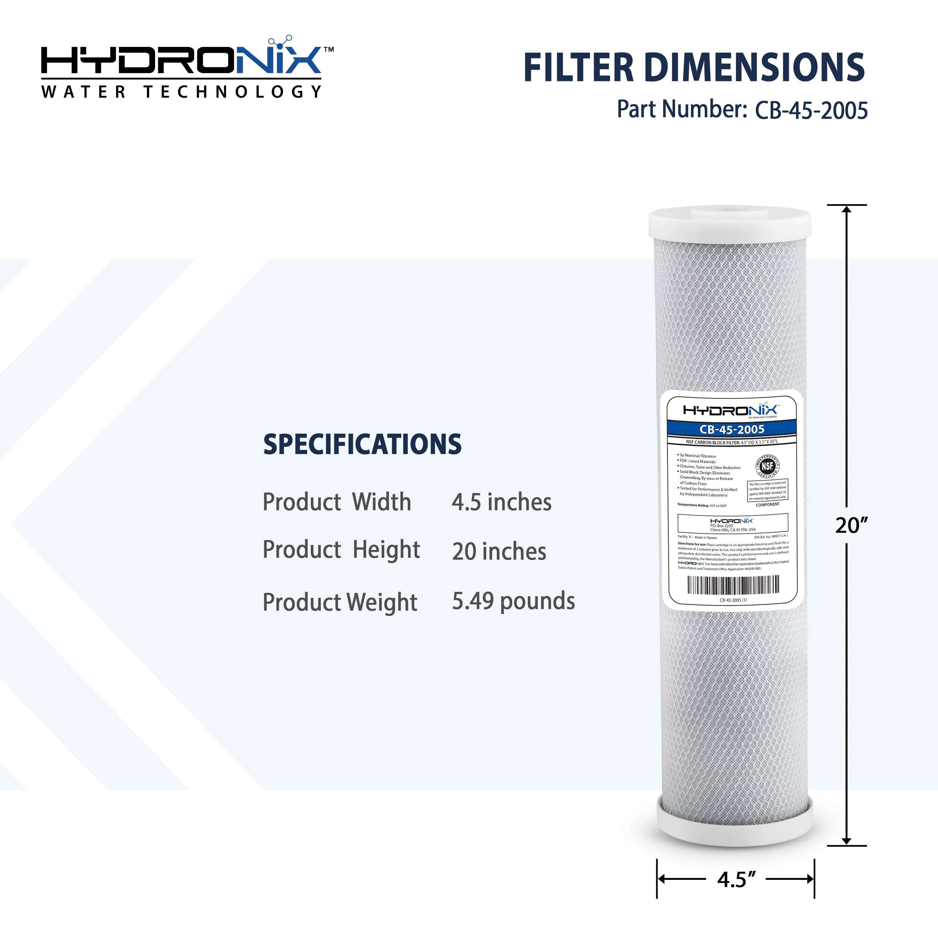 Hydronix CB-45-2005 Whole House, Commercial & Industrial NSF Coconut Carbon Block Water Filter, 4.5" x 20" - 5 Micron