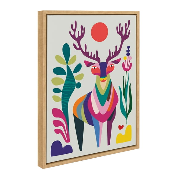 Kate and Laurel Sylvie MCM Reindeer Framed Canvas Wall Art by Rachel Lee of My Dream Wall, 18x24 Natural, Mid-Century Modern Colorful Christmas Art