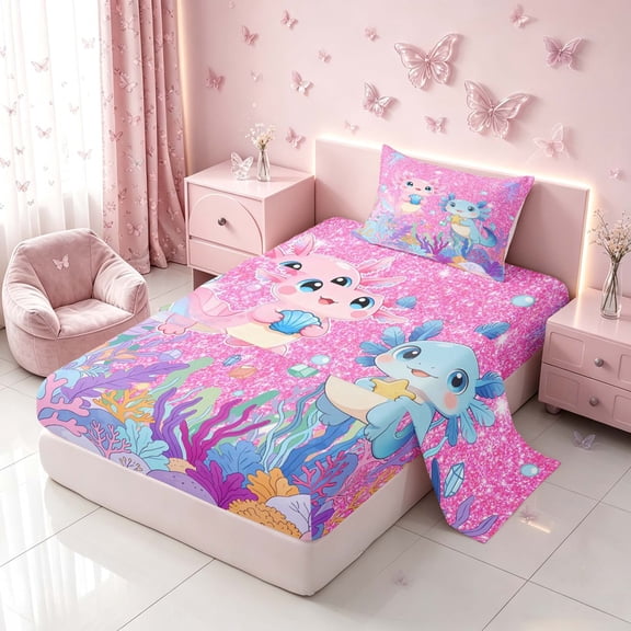 Homewish Cartoon Axolotl Twin Sheets for Kids Girls, Pink Glitter Stars Bedding, 3-Piece (1 Flat Sheet, 1 Fitted Sheet and 1 Pillowcase)