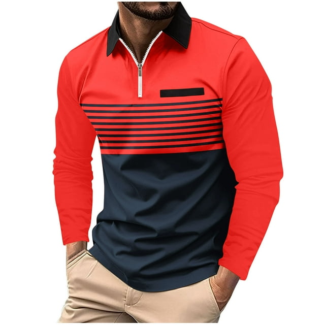 Penkiiy Chemises de Golf pour Hommes Manches Longues Col Chemise de Tennis T-Shirt de Travail à Rayures Color Block L Rouge