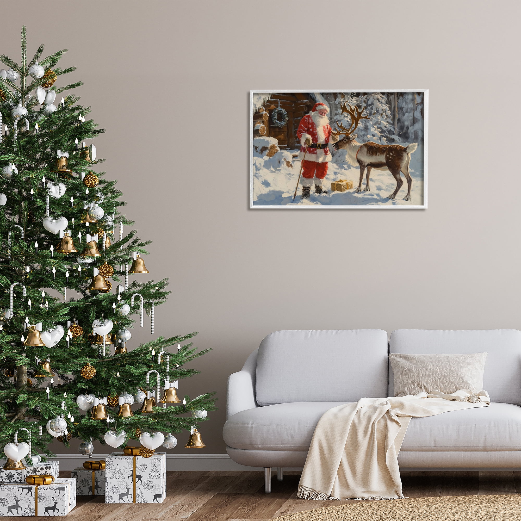Stupell Industries Santa with Reindeer Scene Holiday Painting White Framed Art Prints Wall Art, 30 x 20