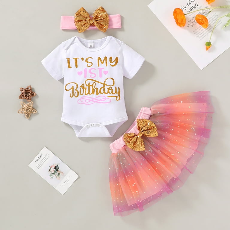 Younger Tree Newborn Baby Girls My 1st Birthday Dress Infant Pink Shiny Printed Sequin Bowknot Tutu Princess Dress for 6-12 Months