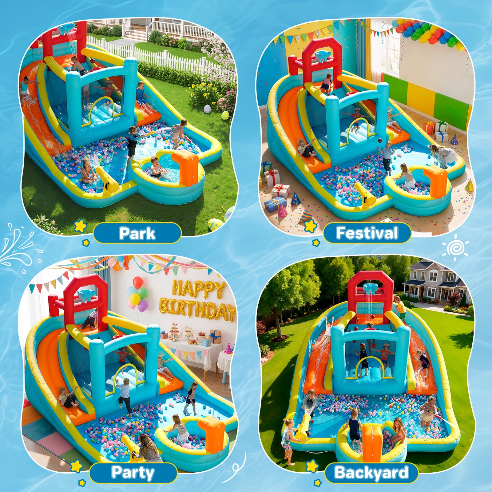 Patbrela 9 in 1 Large Inflatable Water Slide Bounce House ,211" x 104" x 143",With 750w Blower,2 Water Slides, 2 Water Blasters,Double Blow up Splash,Deep Pool,Basketball Hoop,Water Canon