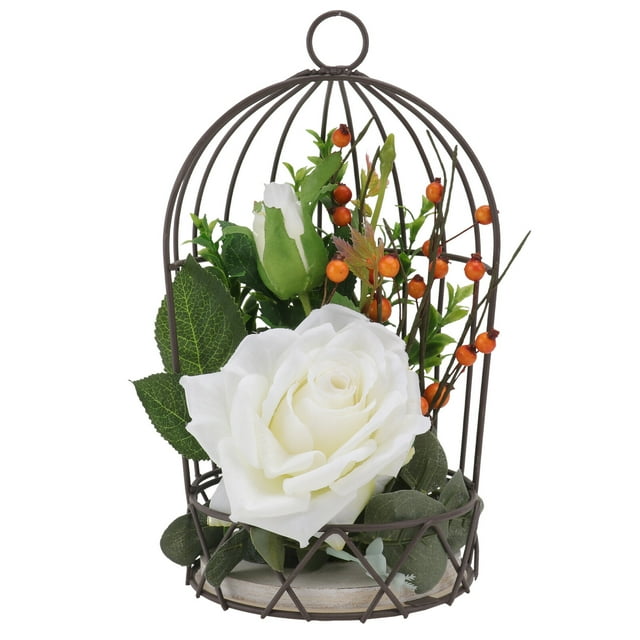 CIMAXIC Hanging Birdcage 1Pc Hanging Bird Cage Adornment Party Simulation Rose Flower Rack Decor (White),9.45"X4.72"X4.72"