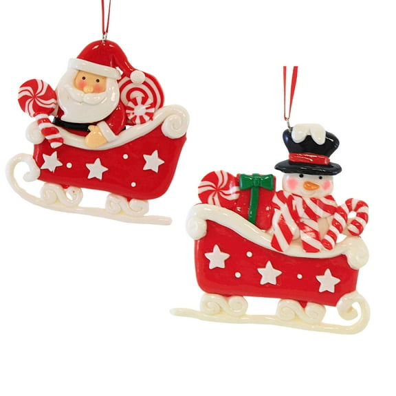 Kurt S. Adler Santa/Snowman In Sleigh - Two Ornaments 3.75 Inch, Plastic - Peppermints Stars D4396