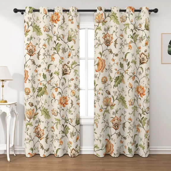 Lfeey Beige Floral Blackout Curtains 63 Inches Long, Vintage Jacobean Print, Privacy Protect Grommet Window Drapes for Living Room Bedroom, 2 Panels