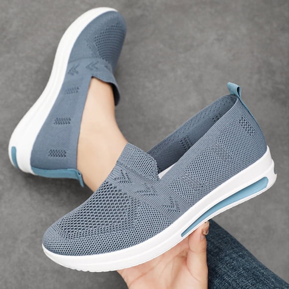 Commforr Women's Athletic Running Shoes Fashion Platform Wedge Comfortable Breathable Knit Sock Air Cushion Low Top Sneakers Slip On Lightweight Sports Canvas Shoes Loafers for Work Nurse Blue 7