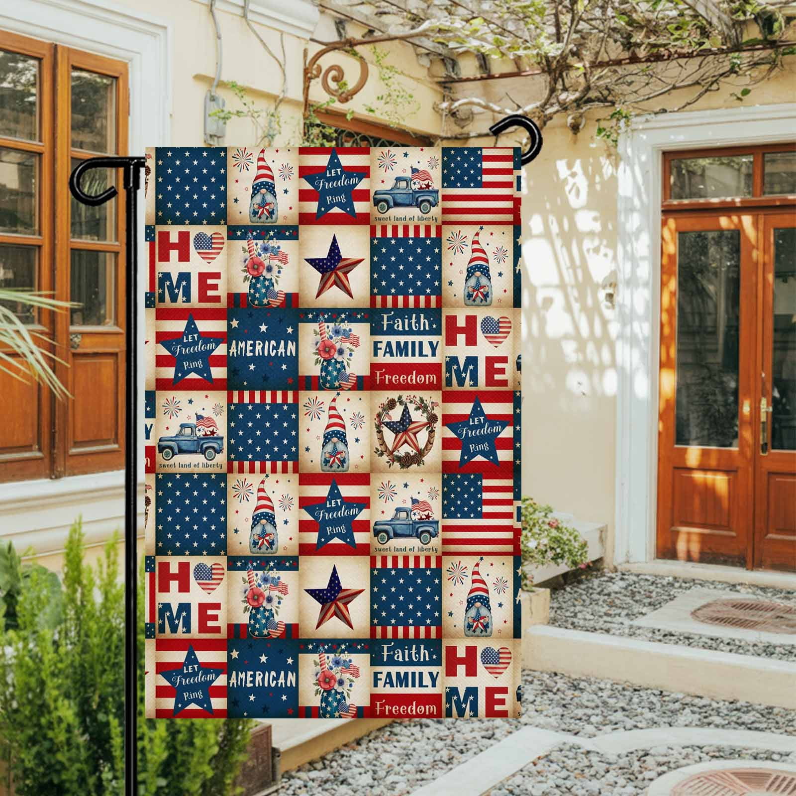 4th of July Garden Flags Patriotic Stars USA Flag Garden Flag Double Sided Welcome Flag Blue Red White Stripes Gnome Independence Day Yard Flags for Outdoor Lawn Porch Memorial Day Decor 28x40 Inch
