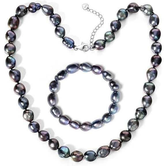 Yami Saltwater Cultured Black Pearl Jewelry Set 8.5-9mm Necklace & 7.5-8mm Bracelet in 925 Sterling Silver Clasp Gifts for Women