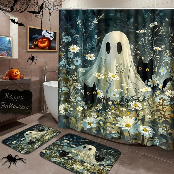 Halloween Cute Ghosts Bathroom Set with Shower Curtain sets and Rugs and Accessories Orange Pumpkin Skull Candlelight Flower Shower Curtain Set Bathroom Decor 3 Pcs