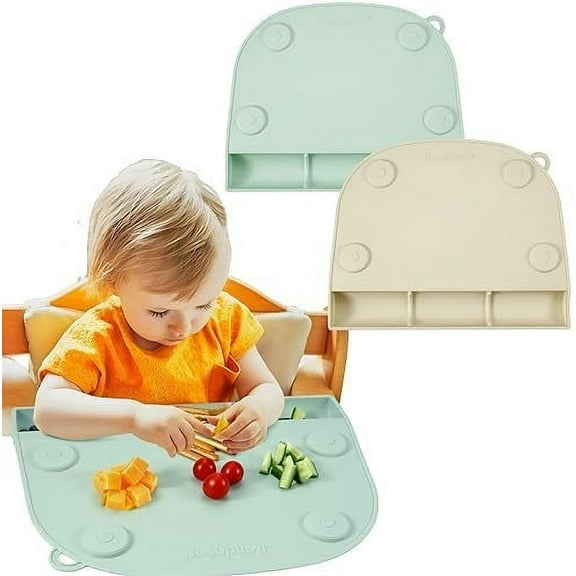PandaEar 2 Pack Silicone Suction Placemats for Baby Kids, Food Grade Mats Toddler Placemats with Food Catching Pockets for Dining Table & Restaurants -Green/Brown