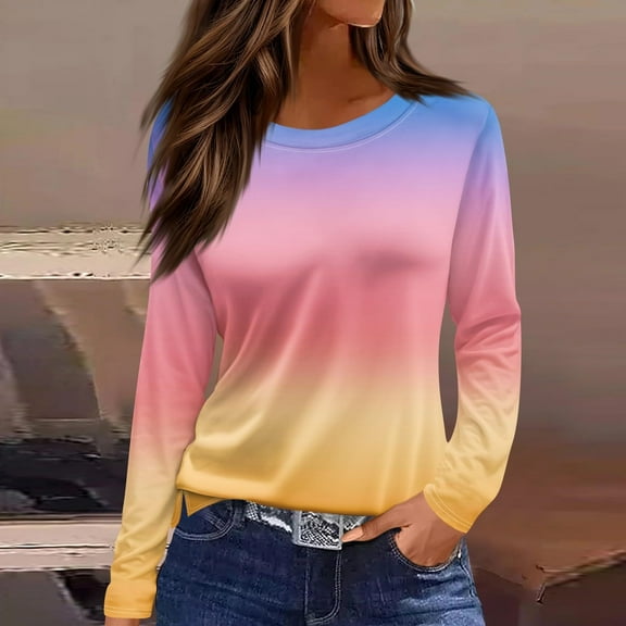 SYMOID Womens Yellow Long Sleeve Gradient Top - Polyester Spandex Stretchy Soft Crew Neck, Daily Casual Wear for Spring/Autumn, S to XXL,Size XL