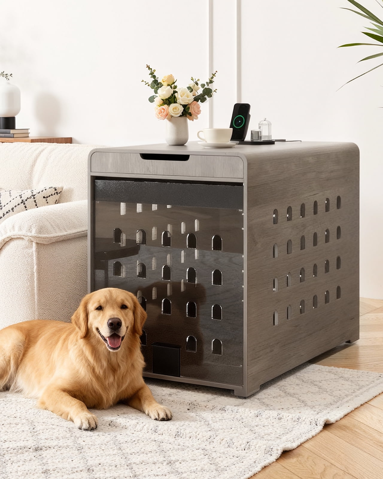 Furnibear Modern Dog Crate Furniture with Charging Station, Multifunctional Side End Table Indoor Kennel with Hidden Door for Small and Medium Dogs Breeds up to 55lb,Gray