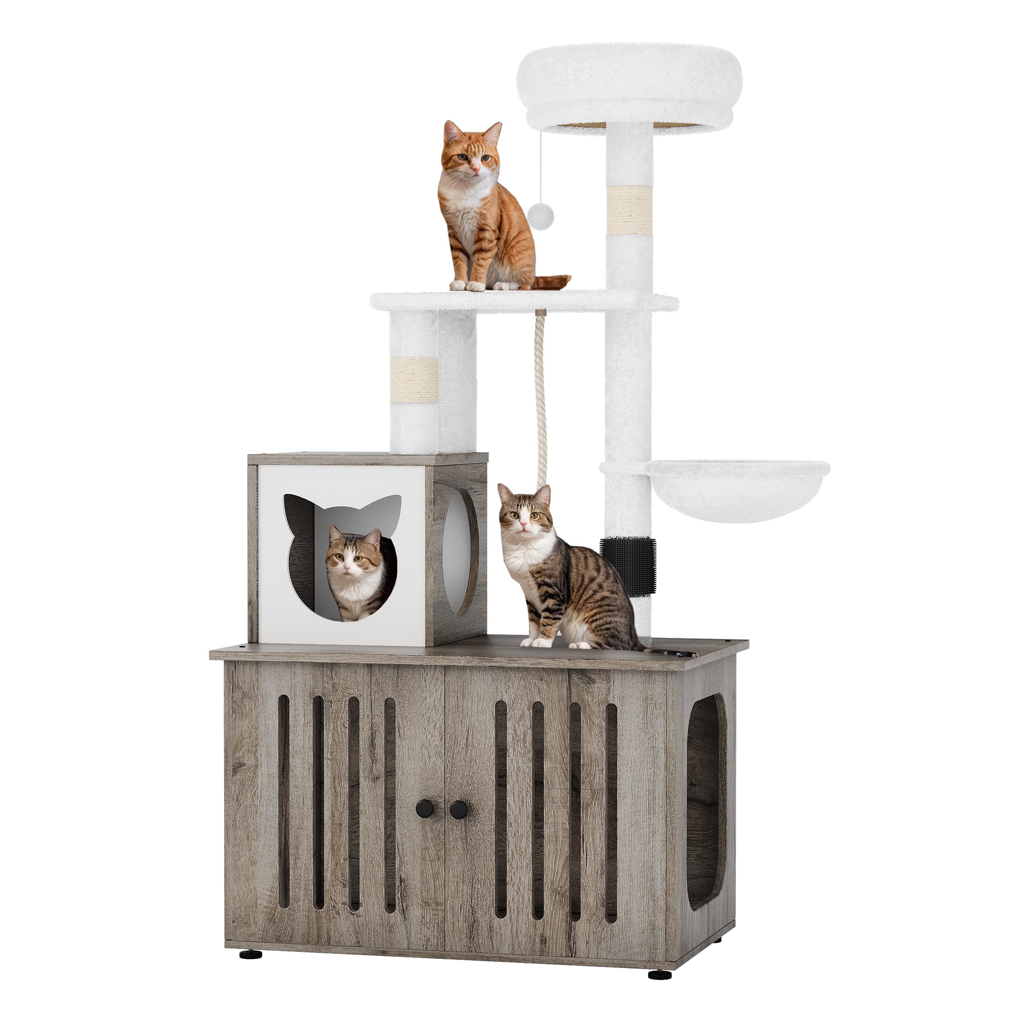 Dextrus 2-in-1 Cat Tree with Litter Box Enclosure,53.5" Large Modern Cat Condo with Scratching Posts, Perch, Food Station, Hammocks, Scratch Post, Gray