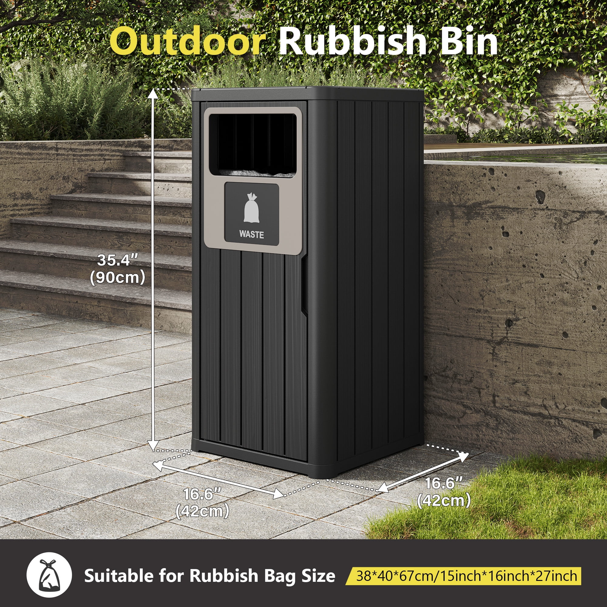 Nihsuao 42 Gallon Resin Trash Can, Durable & Waterproof Outdoor Garbage Bin with Garbage Labels, Weather-Resistant Waste Bin for Indoor Kitchen, Outdoor Porch, Backyard, (Black, 1)