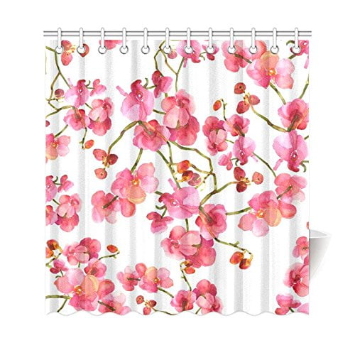 ARTJIA Pink Floral Shower Curtain, Orchid Flowers Polyester Fabric Shower Curtain Bathroom Sets
