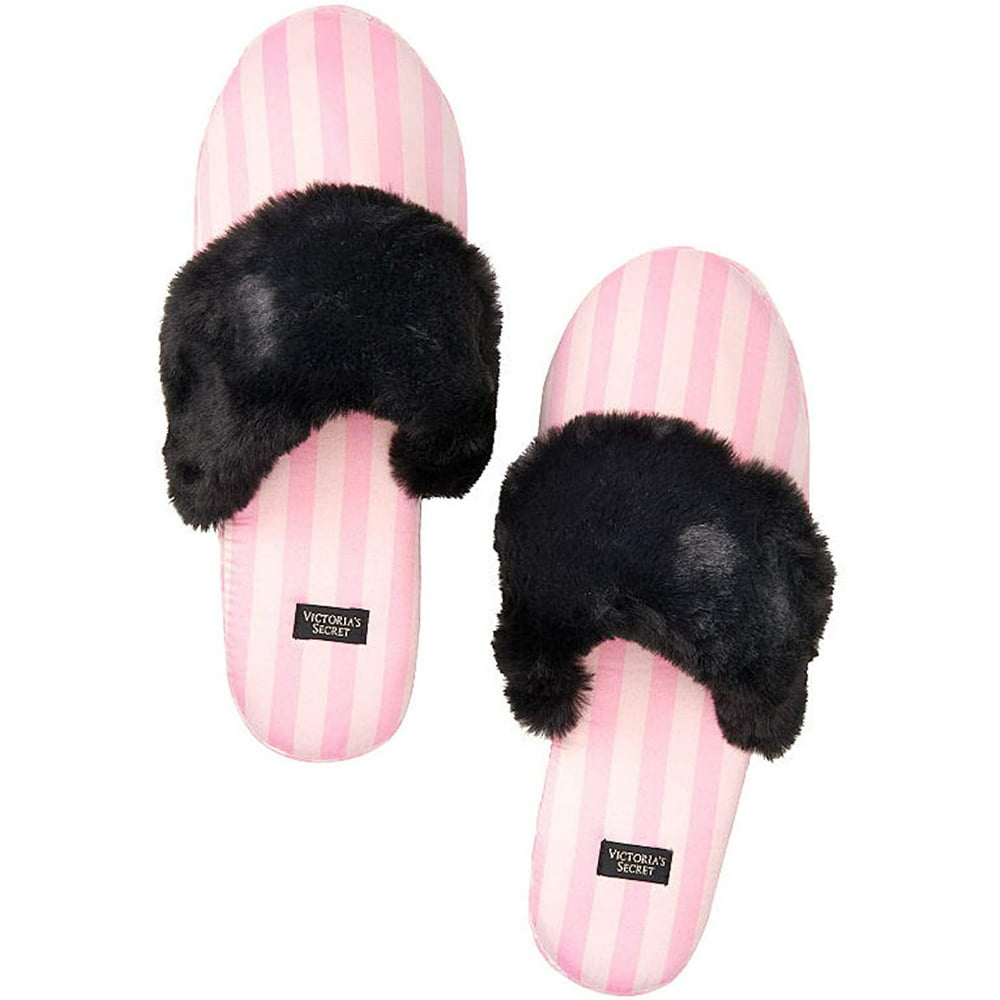 Victoria's Secret Signature Satin Slippers Pink Stripe with Faux Fur ...