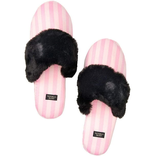 Victoria's Secret Signature Satin Slippers Pink Stripe with Faux Fur