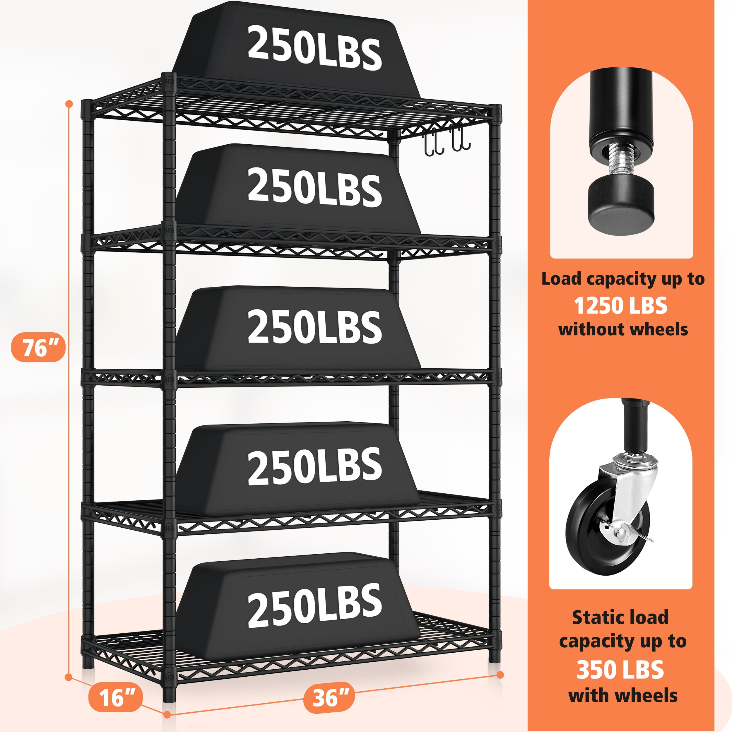 Prilinex 5 Tier Wire Shelving with Wheels NSF Certified Heavy Duty Kitchen Shelves Unit, Storage Rack for Pantry, Adjustable Garage Shelving 36"W x 16"D x 76"H, Black