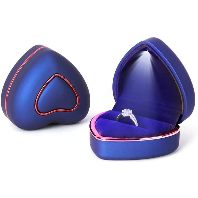Caja de anillo de compromiso en forma de corazón, caja de joyería LED para matrimonio, caja de anillo de boda, propuesta de boda (caja de anillo en forma de corazón azul real)