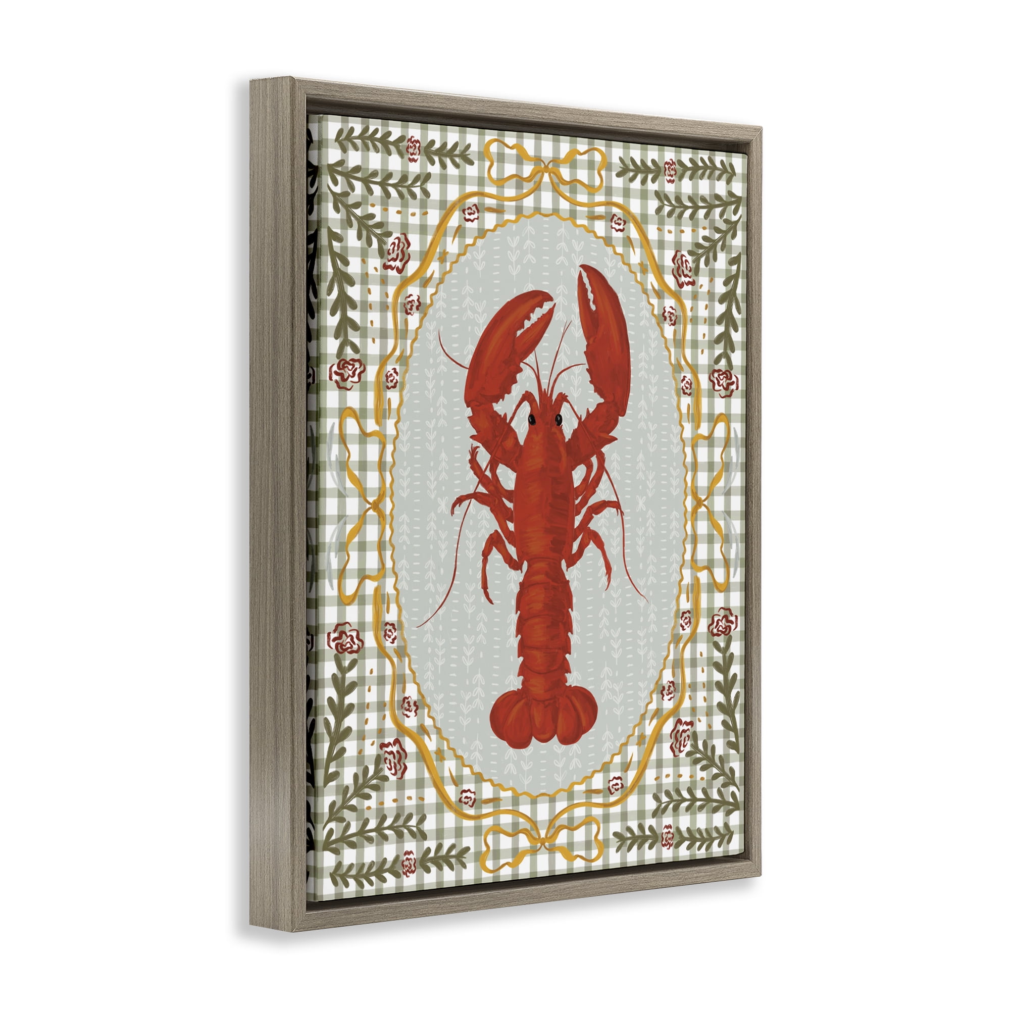 Stupell Industries Lobster with Gingham Kitchen Charm Brown Framed Floater Canvas Wall Art, design by Vero Illustrates