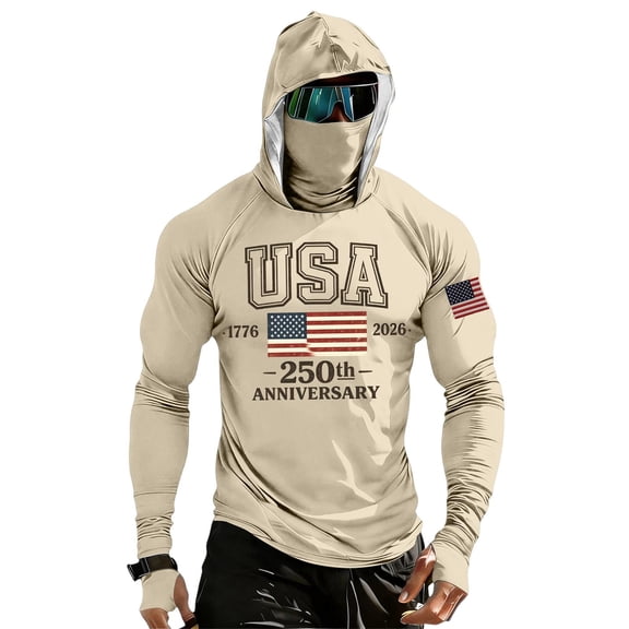 250 Anniversary Mens Fishing Sun Hoodie American Flag Patriotic 1776-2026 Print 4th of July Sunshirt Beige XXL