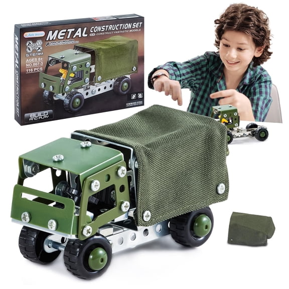 Volico Military Truck STEM Building Toy Set for Boys Age 8-12 - Metal Army Toys Model Car Kits Set - Engineering STEM Kits or Kids 6-8, 8-10 Stem Projects Vehicles