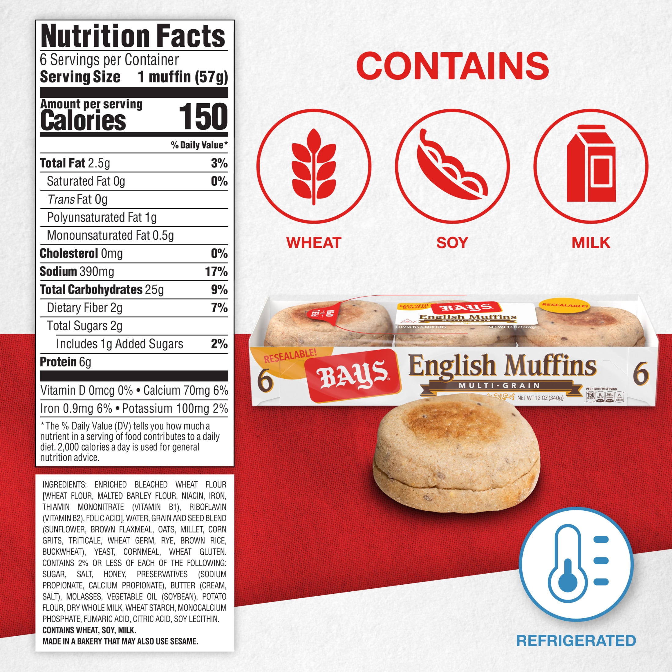 Bays Multi-grain English Muffins, 6 count, Pre-sliced English Muffins, 12 oz Tray