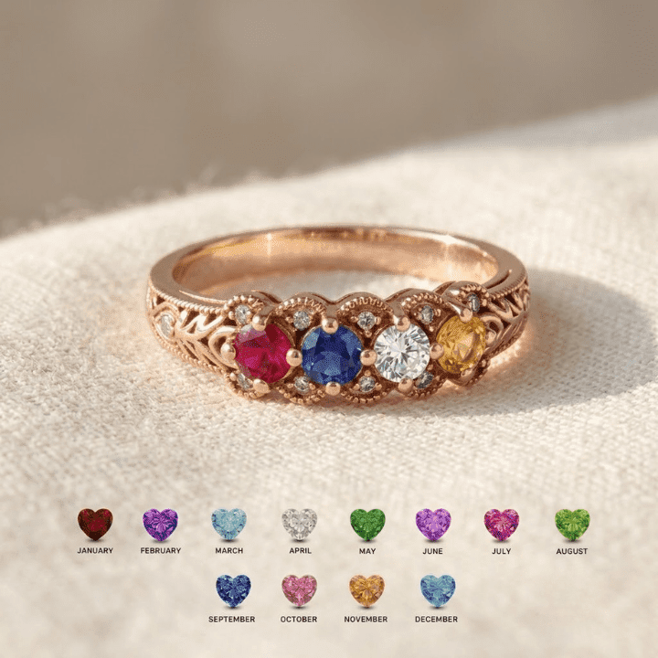 Personalized 4 Birthstone Ring for Mom | Custom Family Birthstone Ring Gift | Mothers Day Jewelry for Grandma Mother