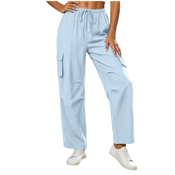Oiangi Cotton Linen Pants with Cargo Pockets for Women Elastic Waist Drawstring Pant Fall Lightweight Trousers with Pockets Light Blue M