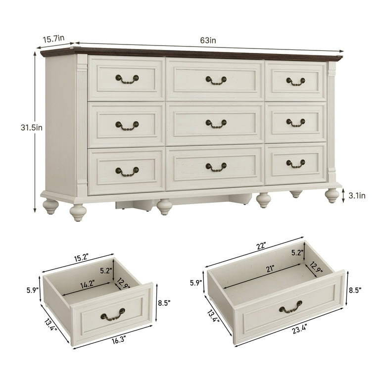 Blotout 9 Drawer Dressers for Bedroom, Farmhouse Dresser with 6 Solid Wood feet, 63" Wide White Dresser Wooden Dresser Rustic Chest of Drawers Long Blotout 9 Drawer Dressers for Bedroom, Farmhouse Dresser with 6 Solid Wood feet, 63" Wide White Dresser Wooden Dresser Rustic Chest of Drawers Long