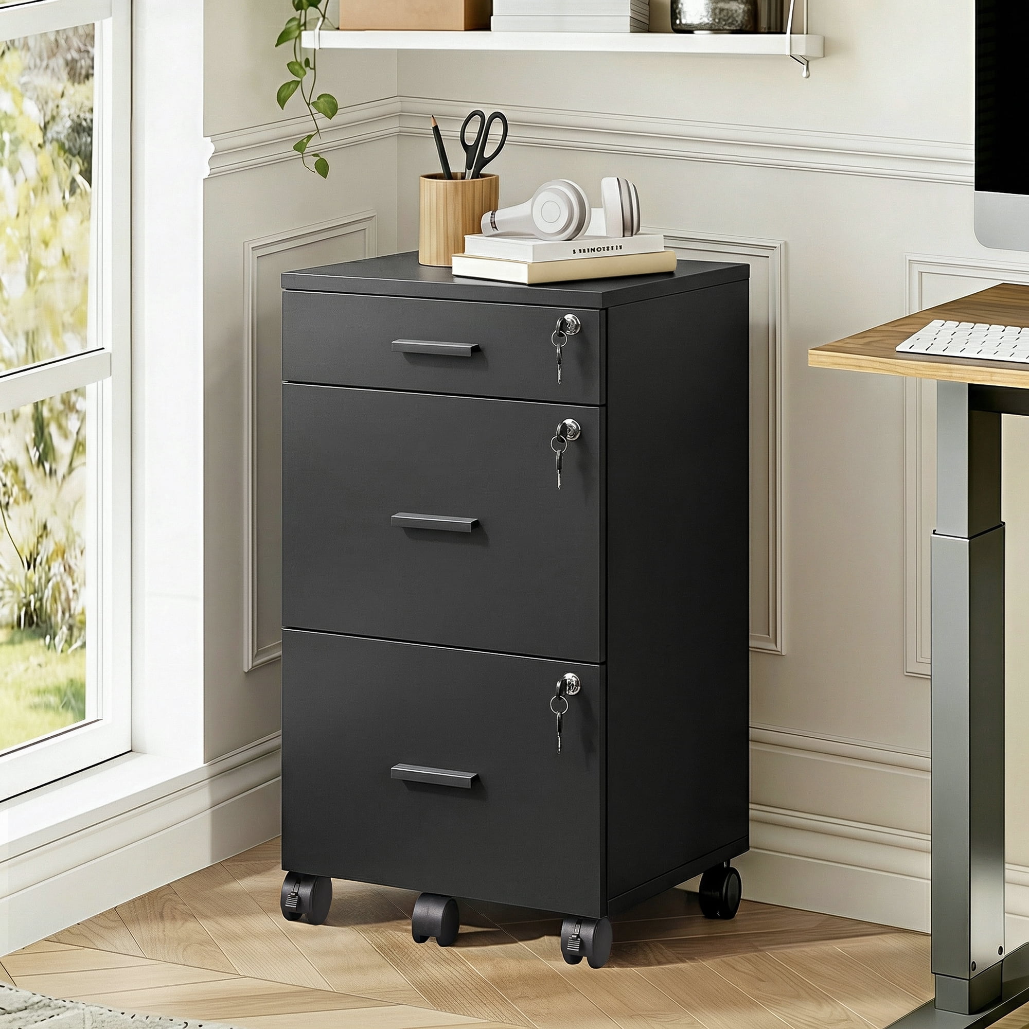 GALAXHERO Filing Cabinet with Lock and Key, 3 Drawer Rolling File Cabinet,  Wood File Cabinet for Home Office, Fits Letter/A4 Size, Black