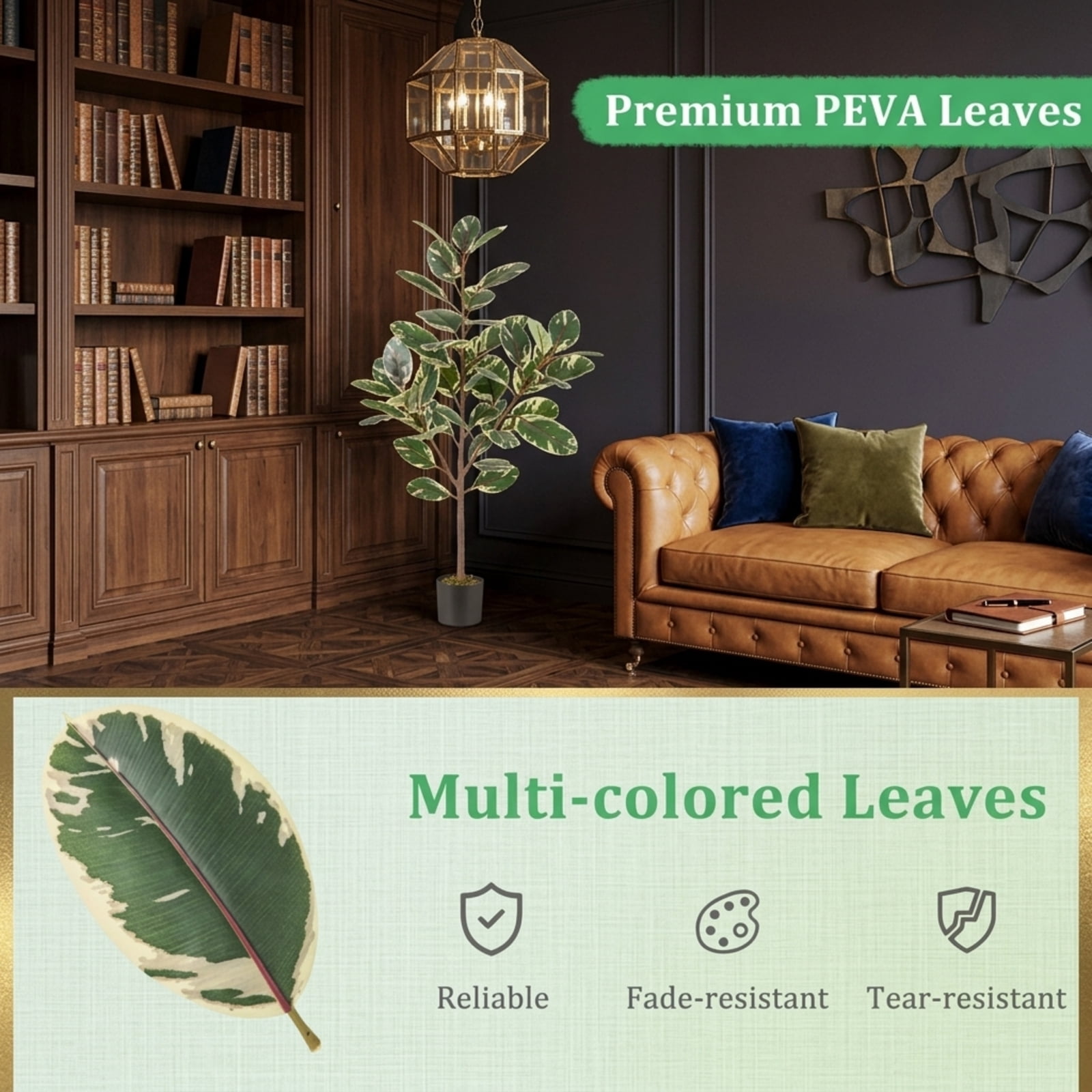 Vebreda 2-Pack 51-Inch Artificial Variegated Rubber Trees in Cement-Filled Pots, Faux Ficus Elastica Plants for Indoor Decoration