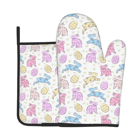 

Vsdgher Easter Colorful Rabbit Oven Mitts and Pot Holders 2 pcs Set High Heat Resistant Kitchen Oven Glove for Baking and Cooking