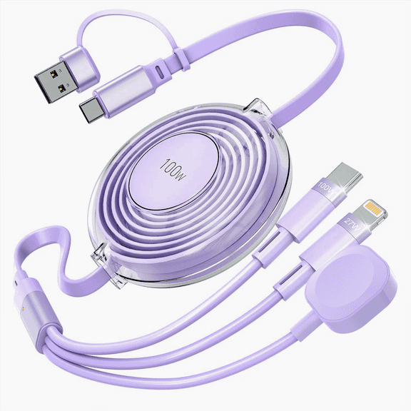 Bravoul 100W 5‑in‑1 Retractable Multi Charging Cable, Fast Charging & Data Transfer Cord for Apple Watch, iPhone, Android, Laptops, Purple