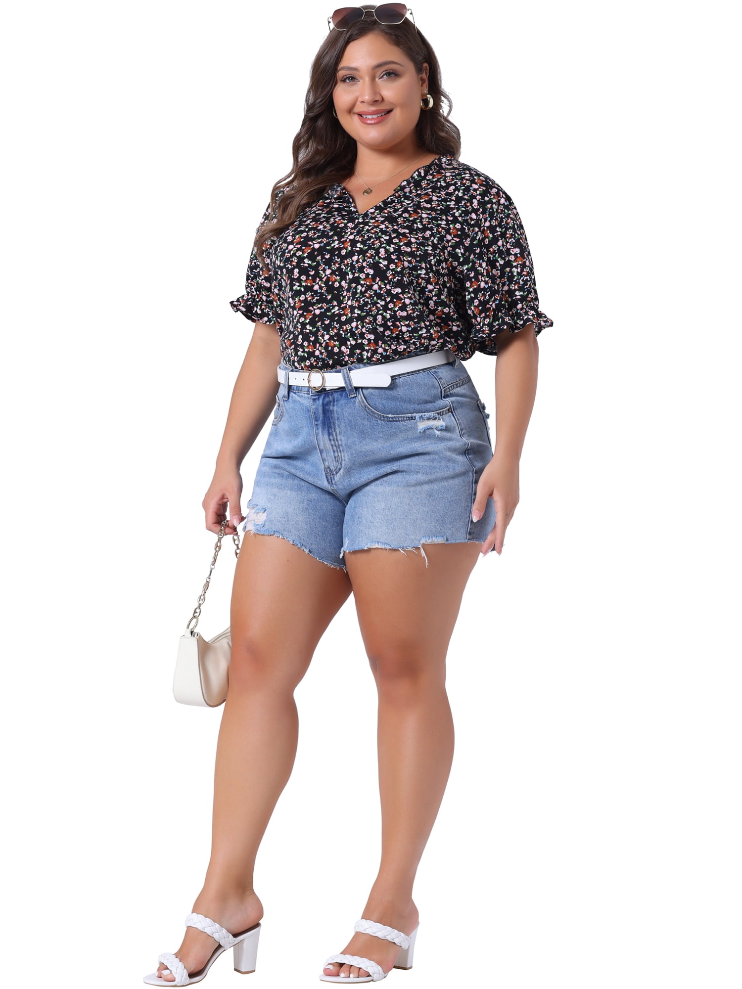 DARING DIVA Women's Plus Summer Tops Floral V Neck Ruffle Puff  Casual Blouse Top 5X Black