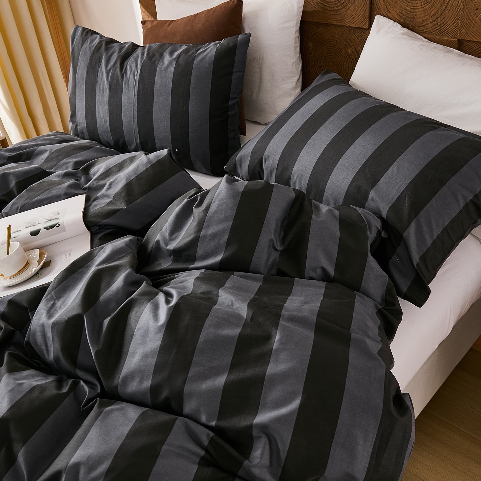 100% Cotton Stripe Duvet Cover Set Queen Size - Gray Striped Duvet Cover Set with Zipper Closure & 8 Corner Ties, Modern Minimalist Wide Stripe Bedding Set for Cozy Elegant Bedroom