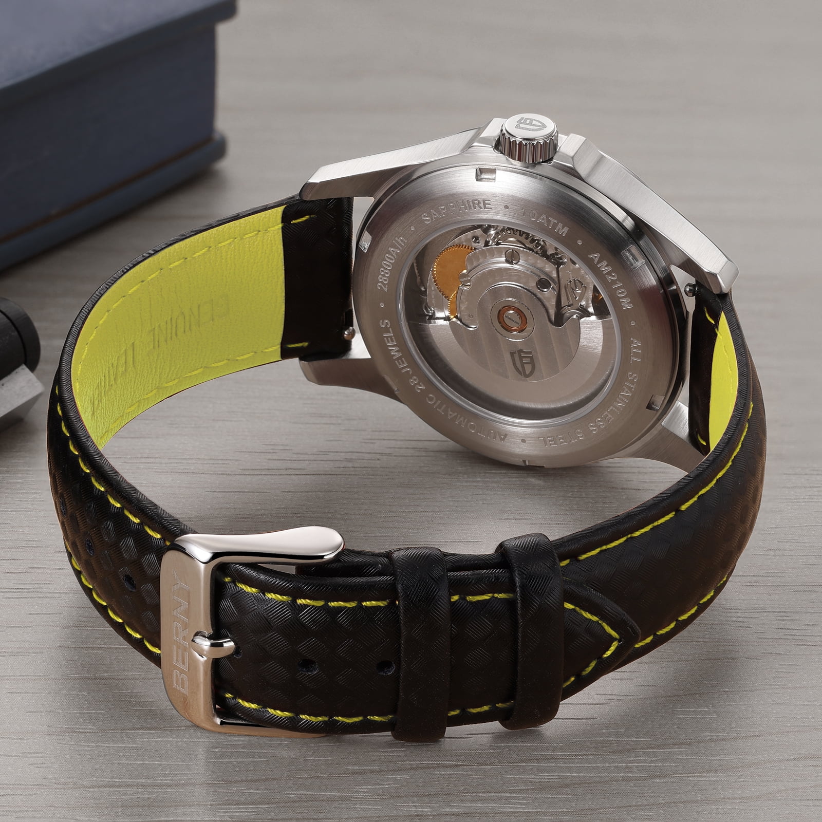BERNY Men's Automatic Watch, Leather Strap Mechanical Watch with Date, Super Luminous, Sapphire Crystal, 10ATM Waterproof, Fashion Casual Wristwatch for Men (Yellow)