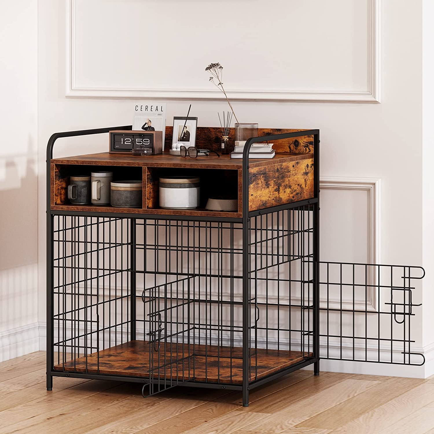 Small Dog Crate Furniture, Puppy Dog Kennel Indoor, Wood Dog Cage Table with Drawers Storage, Heavy Duty Dog Crate, Jaula para Perros, Sturdy Metal, 27.6" L×20.5" W×31.9" H