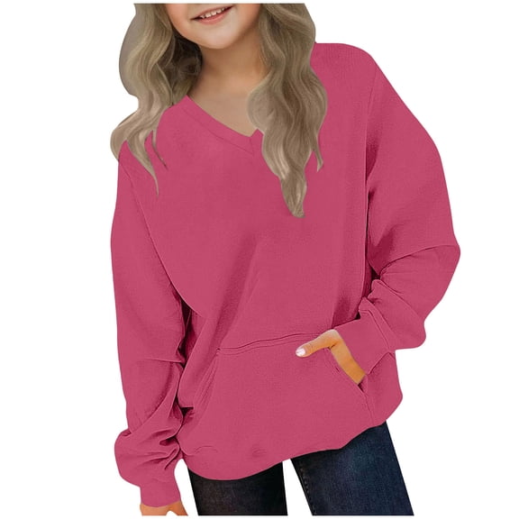 Zpanxa Girls V Neck Drop Shoulder Sweatshirt Kangaroo Pocket Long Sleeve Pullover Toddler Pink 4 Years