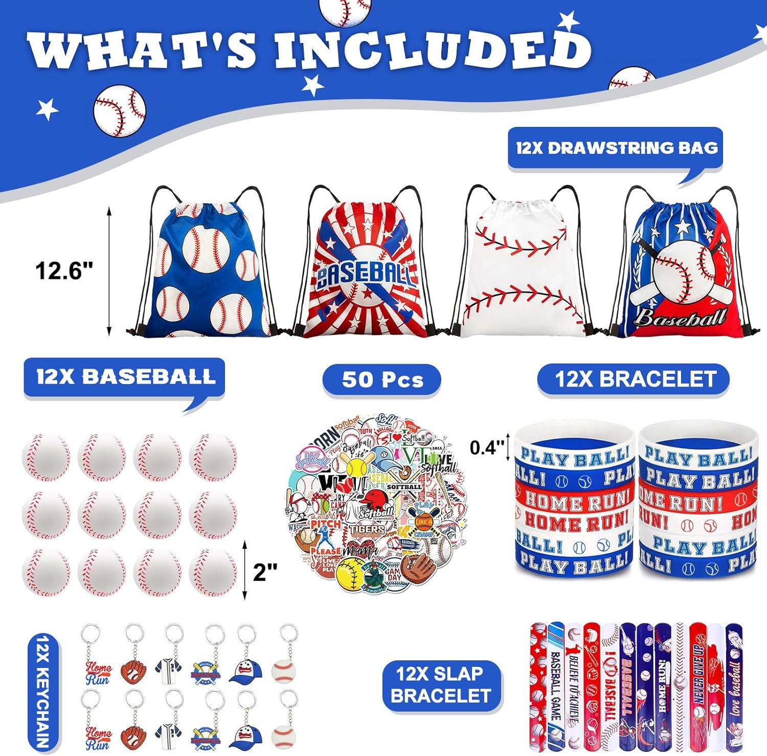Baseball Party Favor Set, 110 Pieces With Drawstring Bags, Mini Balls, Wristbands, Slap Bracelets, Keychains And Stickers For Birthday Party Supplies