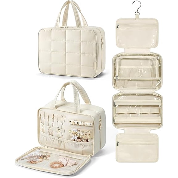 Travel Toiletry Bag with Jewelry Organizer, Hanging Travel Bag for Toiletries, Puffy Makeup Cosmetic Bag Organizer, Carry-on Travel Accessories Essentials, Beige