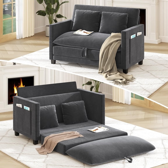 ANPOO 51 Inch Convertible Sofa Bed, 2-in-1 Folding Loveseat with Storage Pockets, 2 Pillows & Removable Cover, Modern Corduroy Sleeper Sofa for Small Spaces, Apartment and Living Room