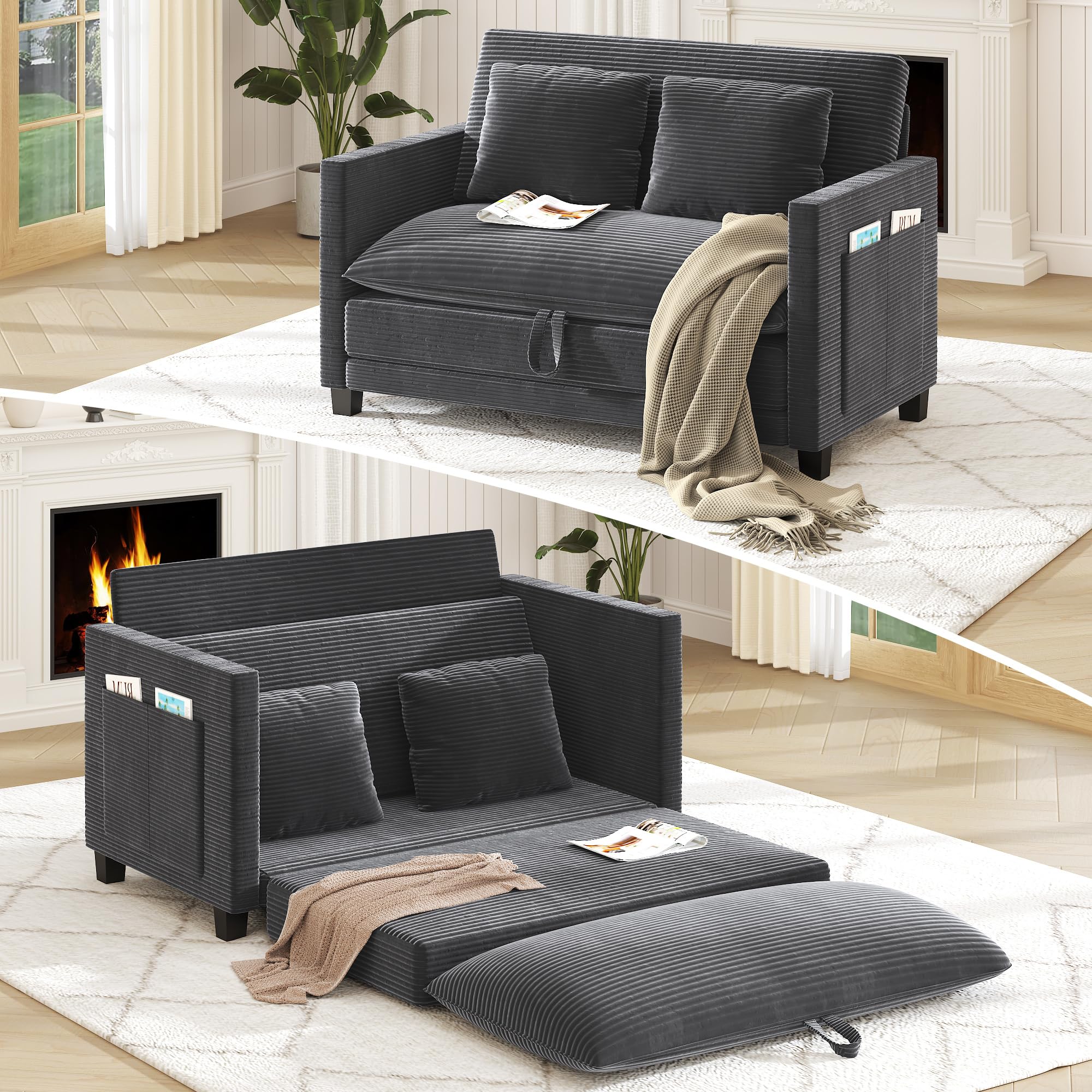 ANPOO 51 Inch Convertible Sofa Bed, 2-in-1 Folding Loveseat with Storage Pockets, 2 Pillows & Removable Cover, Modern Corduroy Sleeper Sofa for Small Spaces, Apartment and Living Room