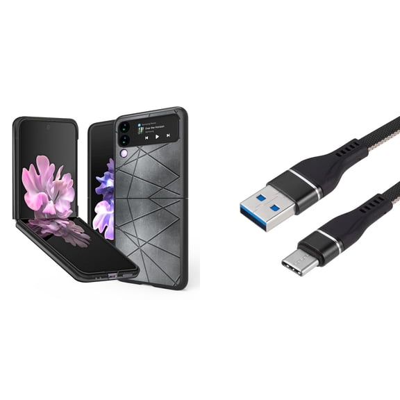 Bemz Premium Bundle for Samsung Galaxy Z Flip 3 5G: Slim Snap-On Protector Case (Abstract Grey), Nylon Braided USB-C to USB-A Cable (3 Feet)