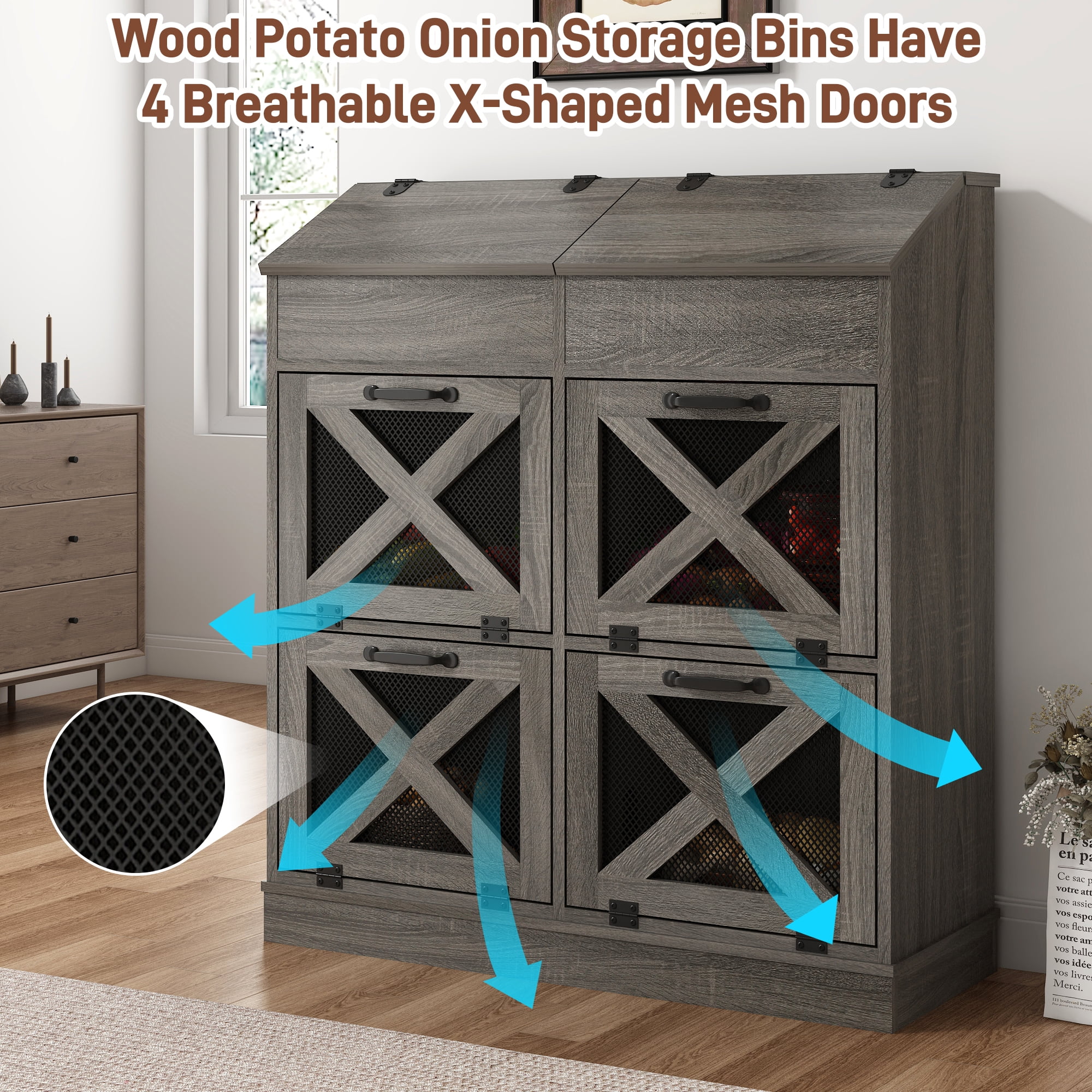 ChVans Large Potato Storage Wood Bin, Wooden Bread Storage Bins, Decorative Potato and Onion Storage Bin with 4 Doors, Potato Bin with Grocery Section, Wooden Vegetable Storage Box with Lid