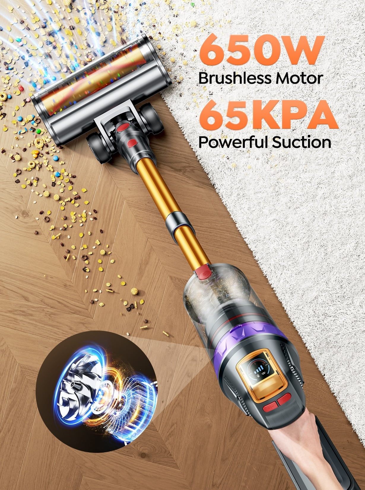 Buture Cordless Stick Vacuum Cleaner, 650W 65KPA 60Mins Runtime Lightweight Pet Vacuum for Carpet Pet Hair Hardwood Floor